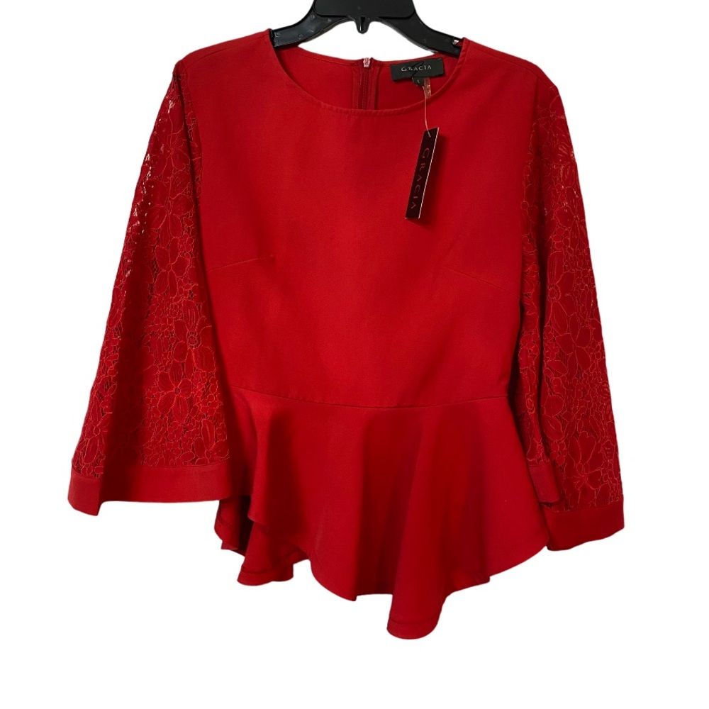 NWT Gracia red blouse, flare lace sleeves peplum is asymmetrical, size L